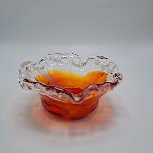 Art Glass Crimped Ruffled Edge Red Orange Clear Bowl Ashtray